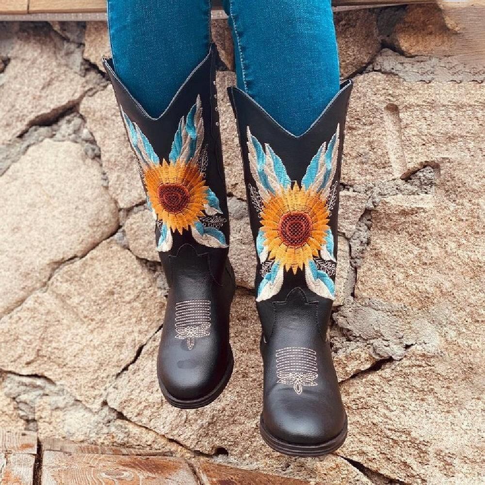 Große Damen-Sonnenblumen-Stickerei Weiche Bequeme Cowboy-Stiefel Mit Blockabsatz