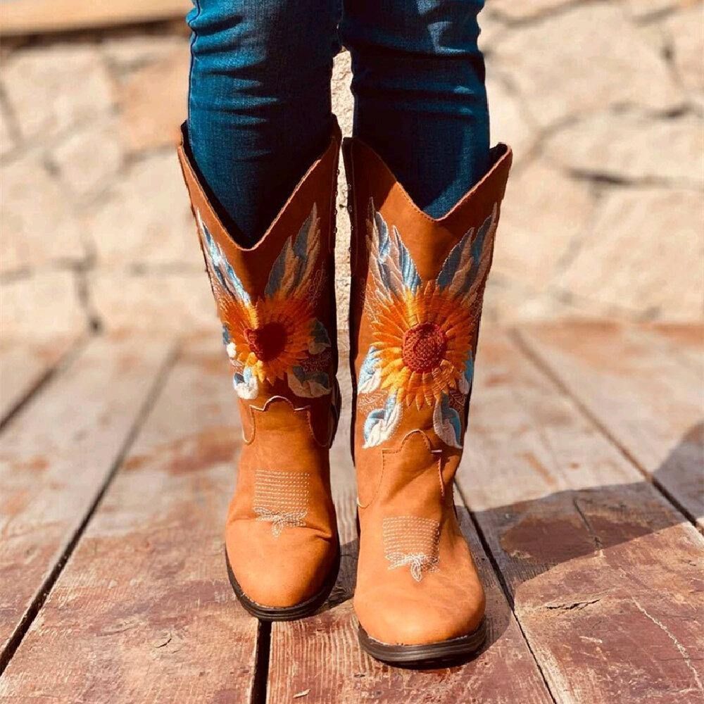 Große Damen-Sonnenblumen-Stickerei Weiche Bequeme Cowboy-Stiefel Mit Blockabsatz