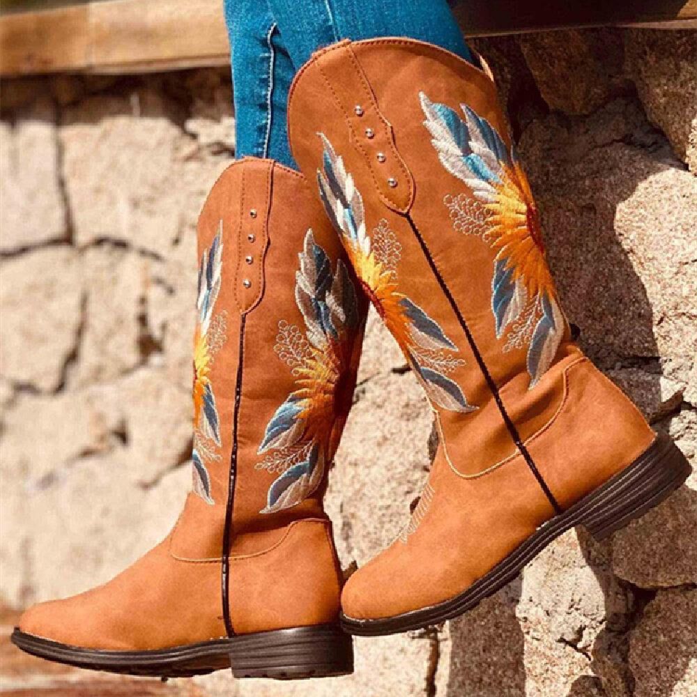 Große Damen-Sonnenblumen-Stickerei Weiche Bequeme Cowboy-Stiefel Mit Blockabsatz