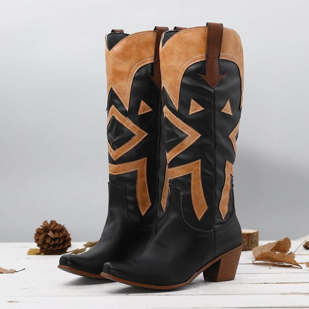 Große Damen Spitz Zehen Spleißen High Square Heel Lange Cowboystiefel