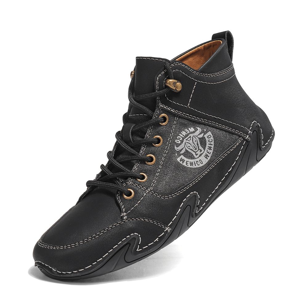 Menico Herren Retro Mikrofaser Leder Handnähte Canvas Soft Laue Up Driving Ankle Boots Stiefel