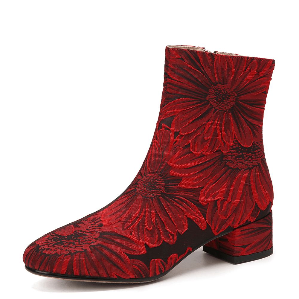 Modische Mit Blumen Bedruckte Bequeme Warme Seitliche Reißverschluss-Stiefel Mit Klobigem Absatz