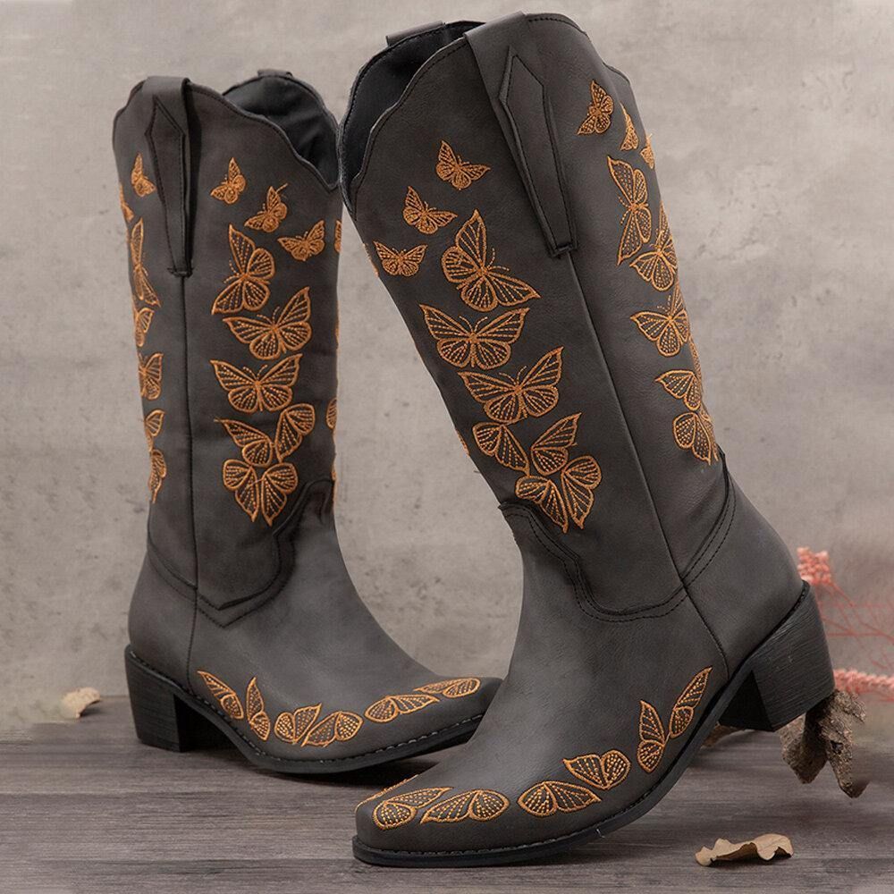 Plus Size Damen Retro-Schmetterling Bestickte Mittlere Waden-Cowboystiefel