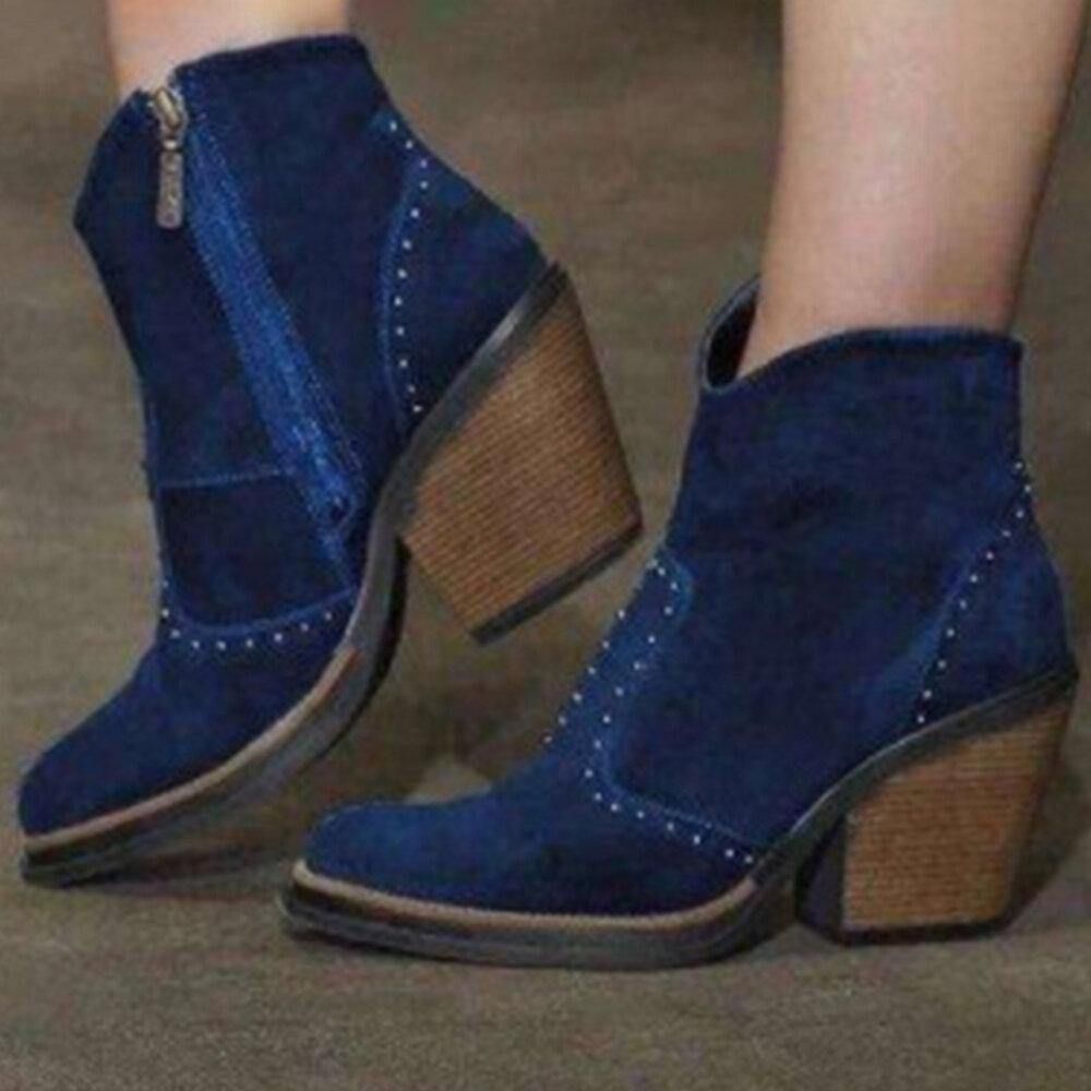 Plus Size Damen Wildleder Niet Seitlicher Reißverschluss Chunky Heel Stiefeletten