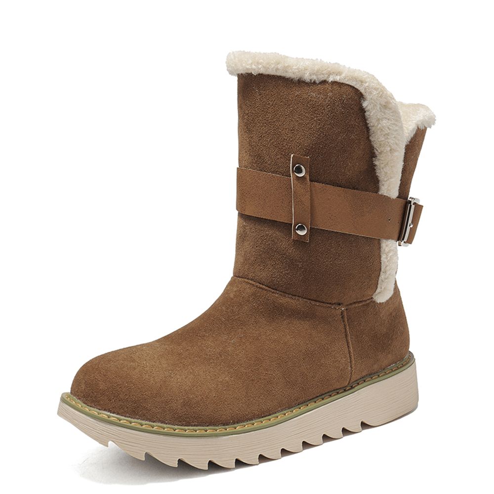 Plus Size Damen Wildleder Stoff Gürtelschnalle Rutschfeste Kurze Schneestiefel