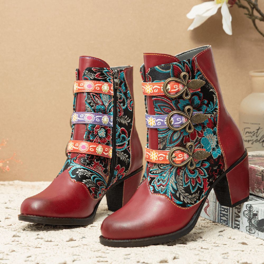 Retro-Blumen-Stoffnähte Mit Metallschnalle Dekor Warm Gefüttert Tragbar Kurze Stiefel Mit Klobigem Absatz