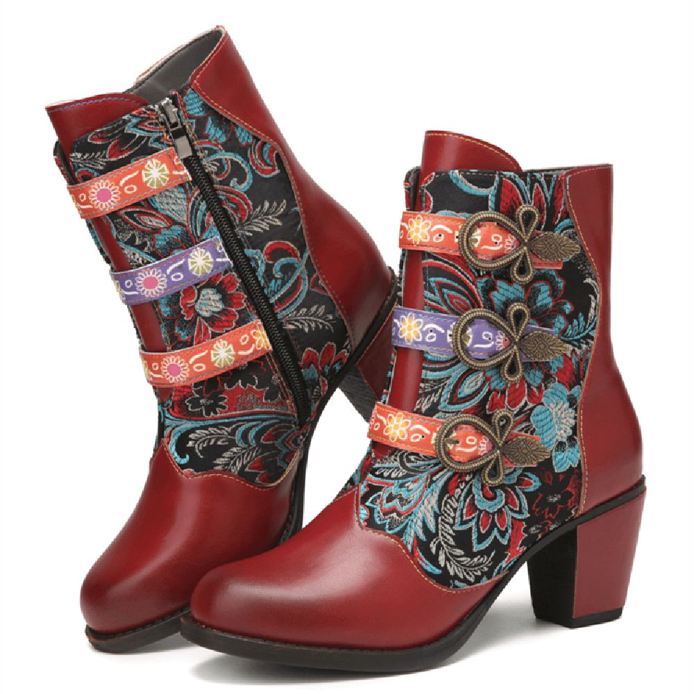 Retro-Blumen-Stoffnähte Mit Metallschnalle Dekor Warm Gefüttert Tragbar Kurze Stiefel Mit Klobigem Absatz