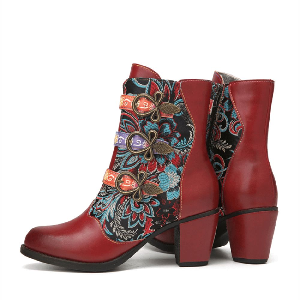 Retro-Blumen-Stoffnähte Mit Metallschnalle Dekor Warm Gefüttert Tragbar Kurze Stiefel Mit Klobigem Absatz