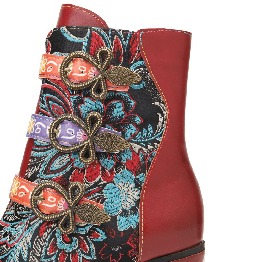 Retro-Blumen-Stoffnähte Mit Metallschnalle Dekor Warm Gefüttert Tragbar Kurze Stiefel Mit Klobigem Absatz