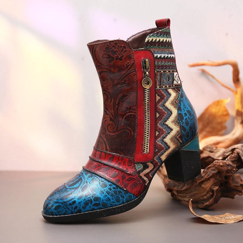 Retro-Leder Geprägte Blumenspleißen Im Folkways-Stil Mit Doppelseitigem Reißverschluss Beiläufige Stiefel