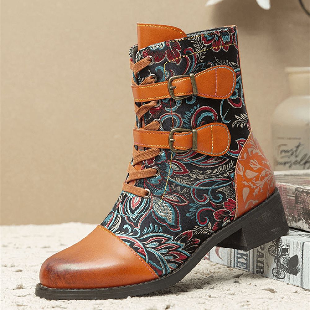 Retro-Nähte Wunderschöne Blumen Stoff Metallschnalle Warme Kurze Stiefel Zum Schnüren