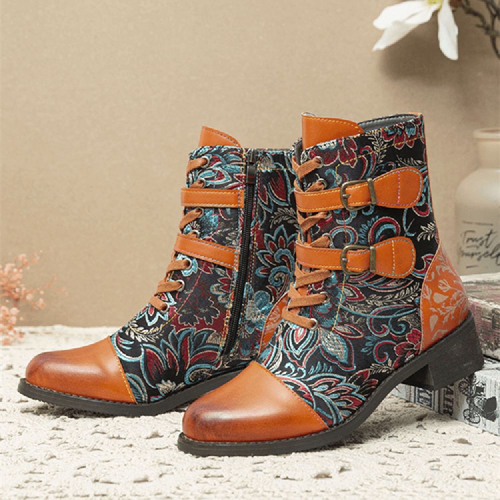 Retro-Nähte Wunderschöne Blumen Stoff Metallschnalle Warme Kurze Stiefel Zum Schnüren