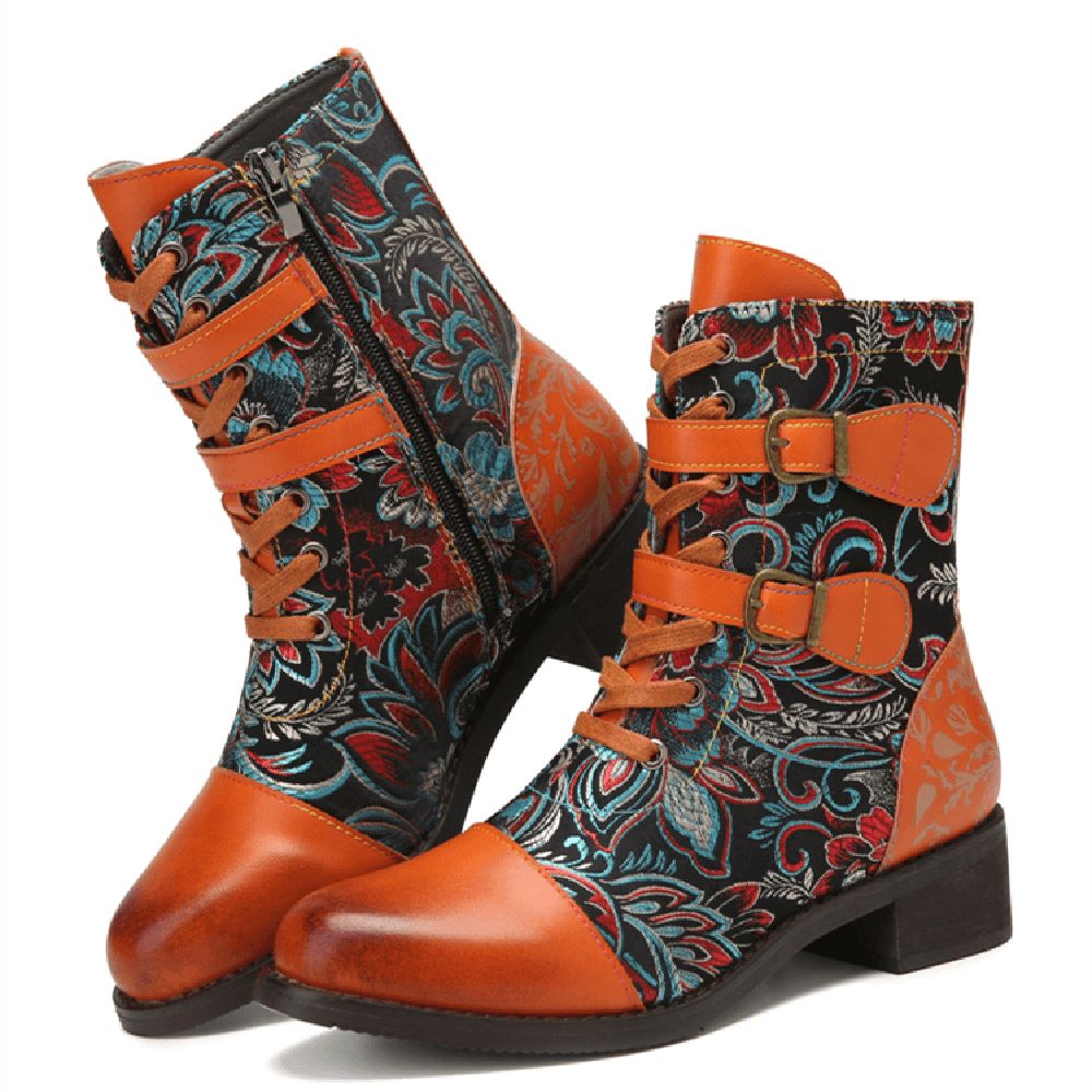 Retro-Nähte Wunderschöne Blumen Stoff Metallschnalle Warme Kurze Stiefel Zum Schnüren