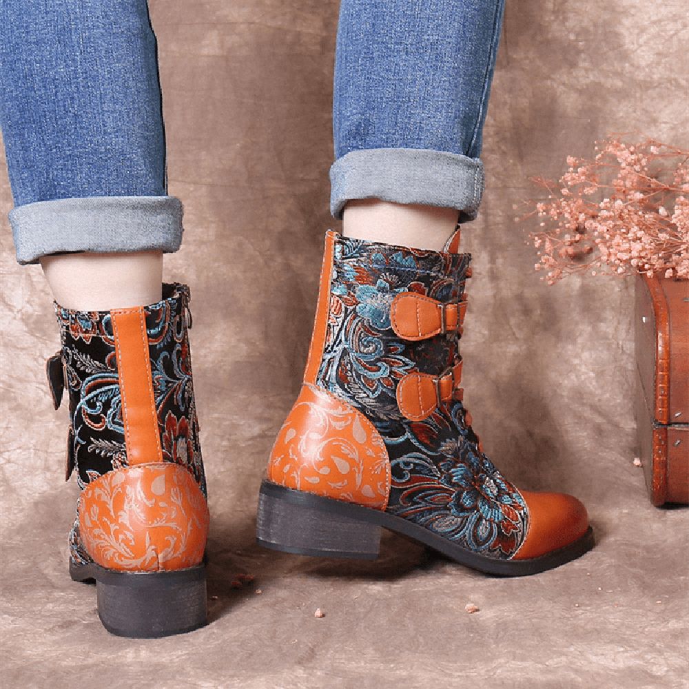 Retro-Nähte Wunderschöne Blumen Stoff Metallschnalle Warme Kurze Stiefel Zum Schnüren