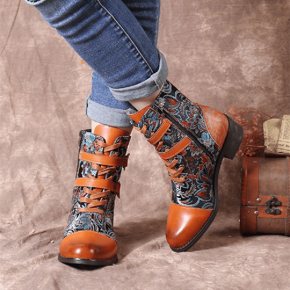 Retro-Nähte Wunderschöne Blumen Stoff Metallschnalle Warme Kurze Stiefel Zum Schnüren