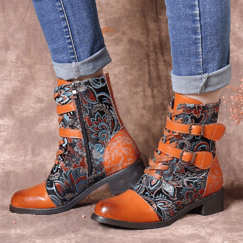 Retro-Nähte Wunderschöne Blumen Stoff Metallschnalle Warme Kurze Stiefel Zum Schnüren