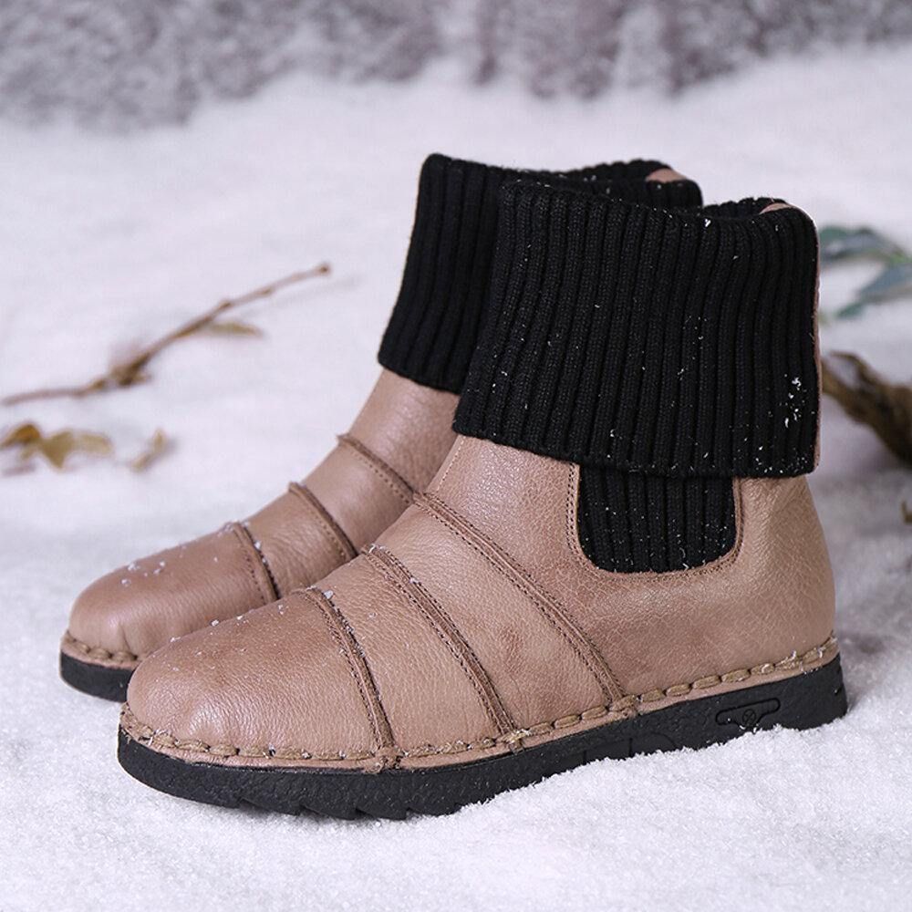 Rindsleder Nähte Warmes Futter Slip-On Flat Snow Short Boots Stiefel