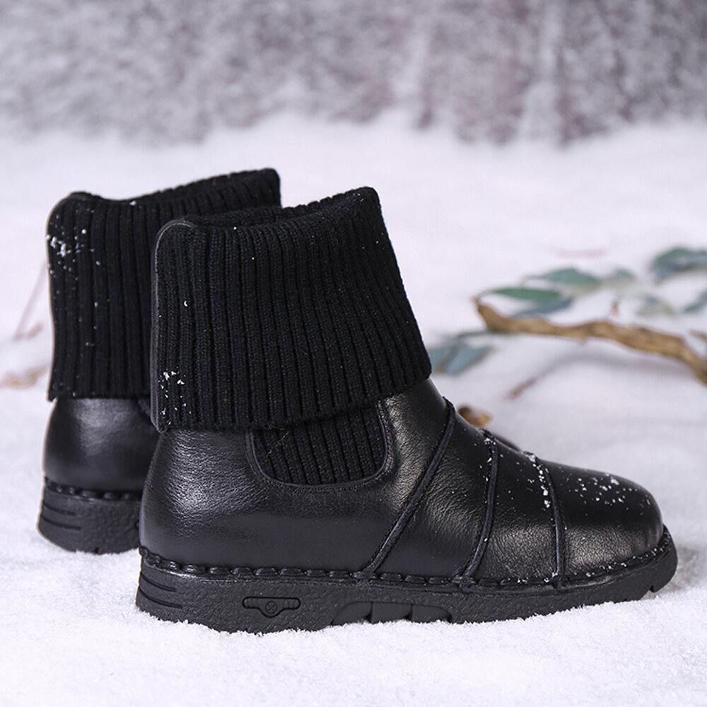 Rindsleder Nähte Warmes Futter Slip-On Flat Snow Short Boots Stiefel