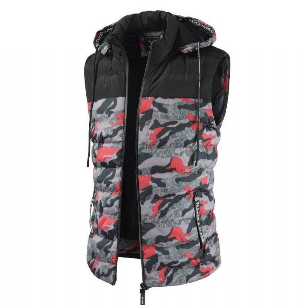 Herren-Camouflage-Patchwork-Weste Mit Abnehmbarer Dicker Warmer Gepolsterter Kapuze