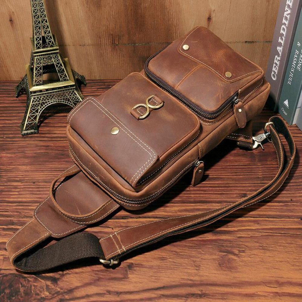 Herren Echtes Leder Rindsleder Retro Mode Brusttasche Crossbody Bag Sling Bag