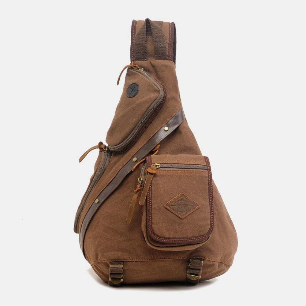 Herren Echtes Leder Und Segeltuch Reise Outdoor Tragetasche Multi-Pocket Umhängetasche Brusttasche