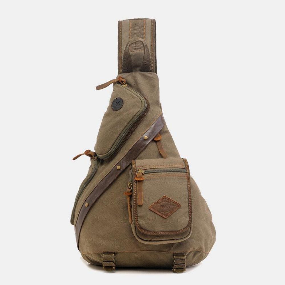 Herren Echtes Leder Und Segeltuch Reise Outdoor Tragetasche Multi-Pocket Umhängetasche Brusttasche