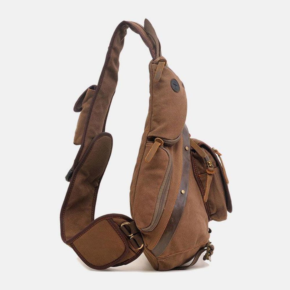 Herren Echtes Leder Und Segeltuch Reise Outdoor Tragetasche Multi-Pocket Umhängetasche Brusttasche