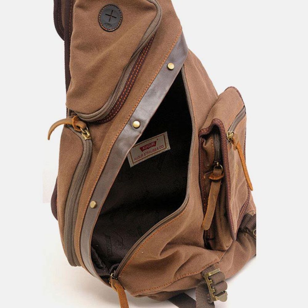 Herren Echtes Leder Und Segeltuch Reise Outdoor Tragetasche Multi-Pocket Umhängetasche Brusttasche