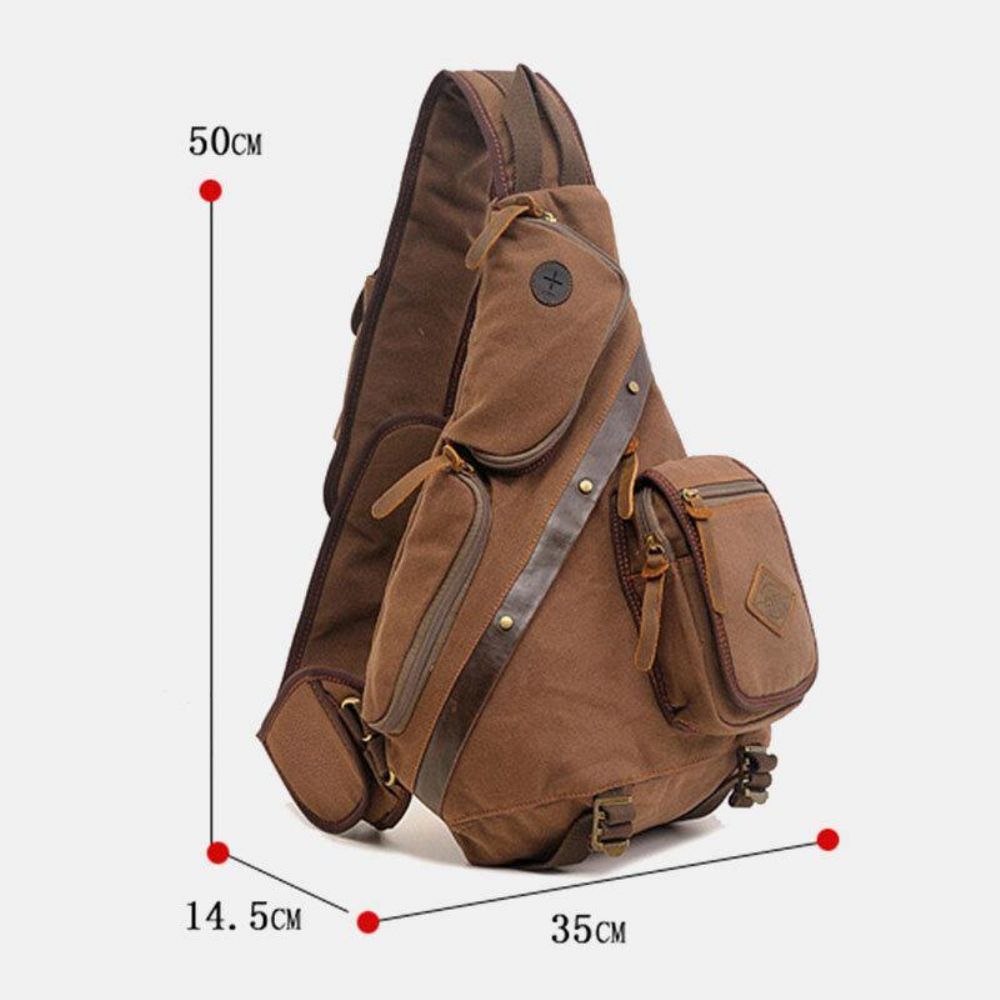 Herren Echtes Leder Und Segeltuch Reise Outdoor Tragetasche Multi-Pocket Umhängetasche Brusttasche