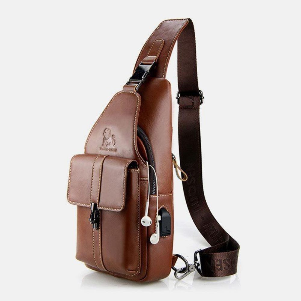 Herren Echtes Leder Usb Lade Retro Casual Rindsleder Brusttasche Sling Bag Umhängetasche