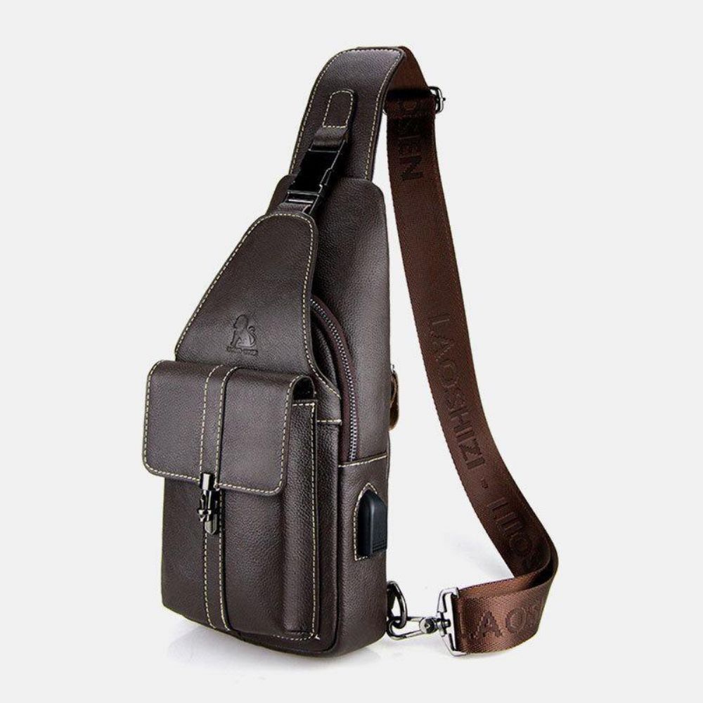 Herren Echtes Leder Usb Lade Retro Casual Rindsleder Brusttasche Sling Bag Umhängetasche