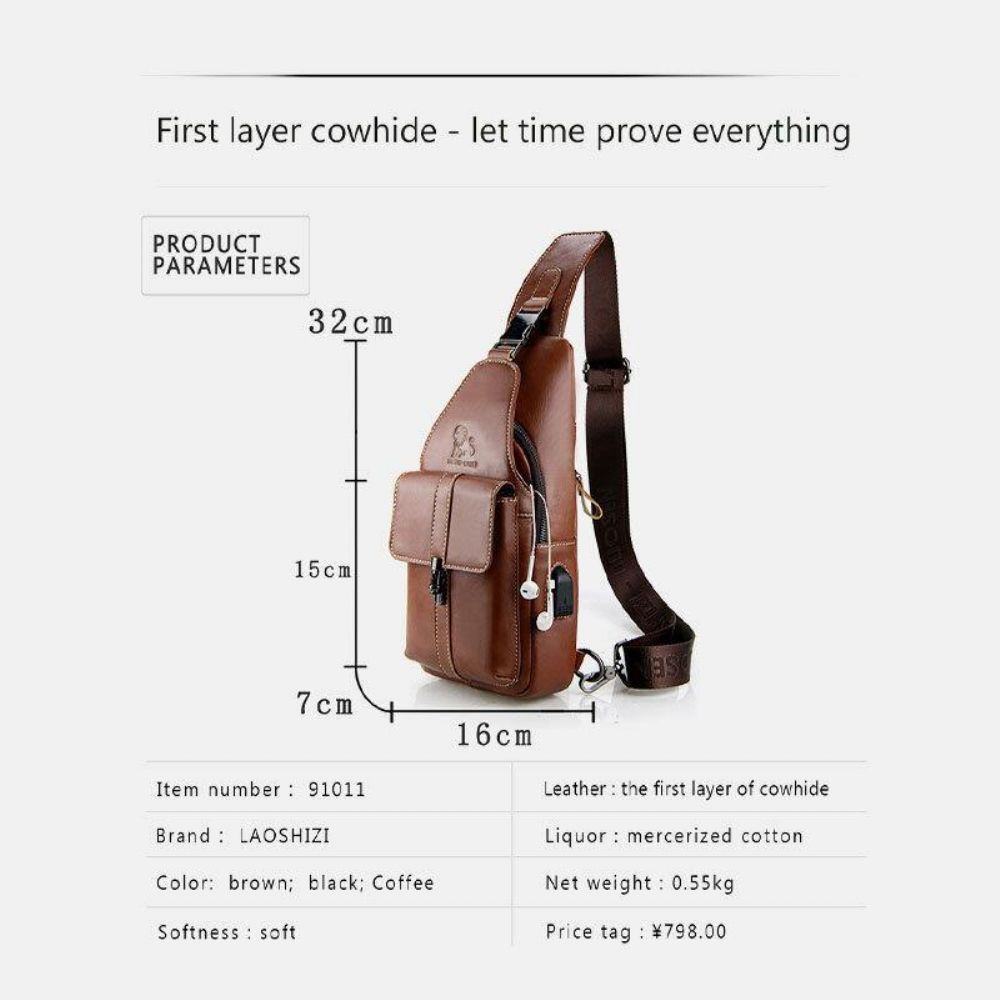 Herren Echtes Leder Usb Lade Retro Casual Rindsleder Brusttasche Sling Bag Umhängetasche