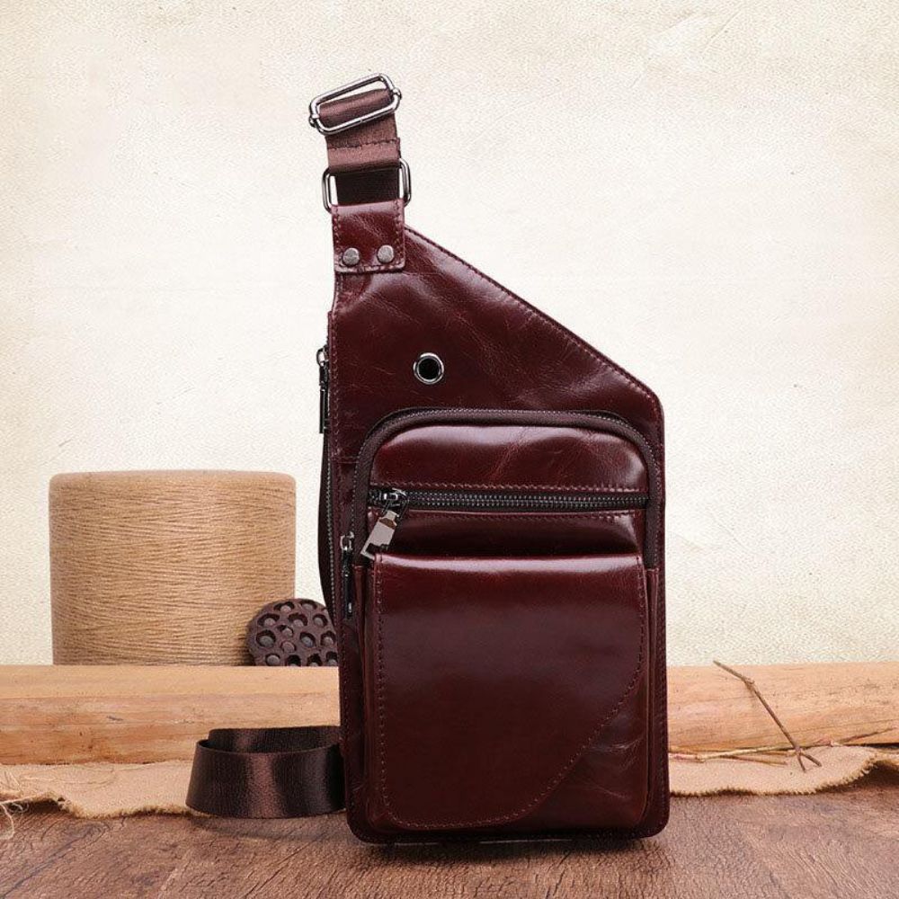 Herren Echtleder Retro Business Leder Brusttasche Umhängetasche Mit Kopfhörerloch