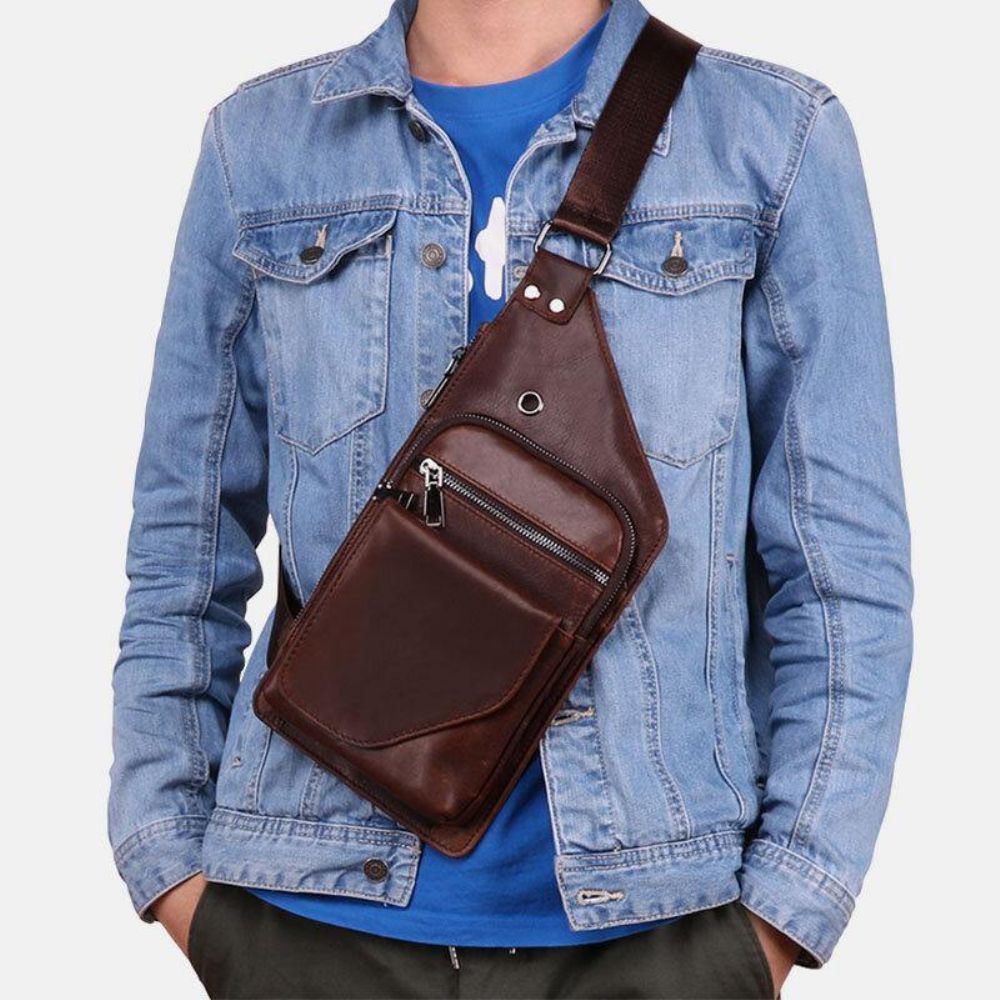 Herren Echtleder Retro Business Leder Brusttasche Umhängetasche Mit Kopfhörerloch