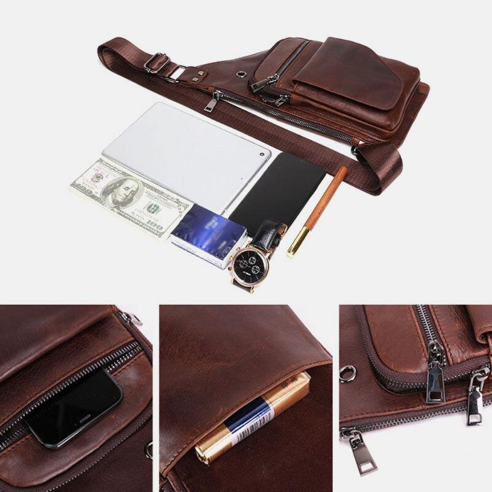 Herren Echtleder Retro Business Leder Brusttasche Umhängetasche Mit Kopfhörerloch