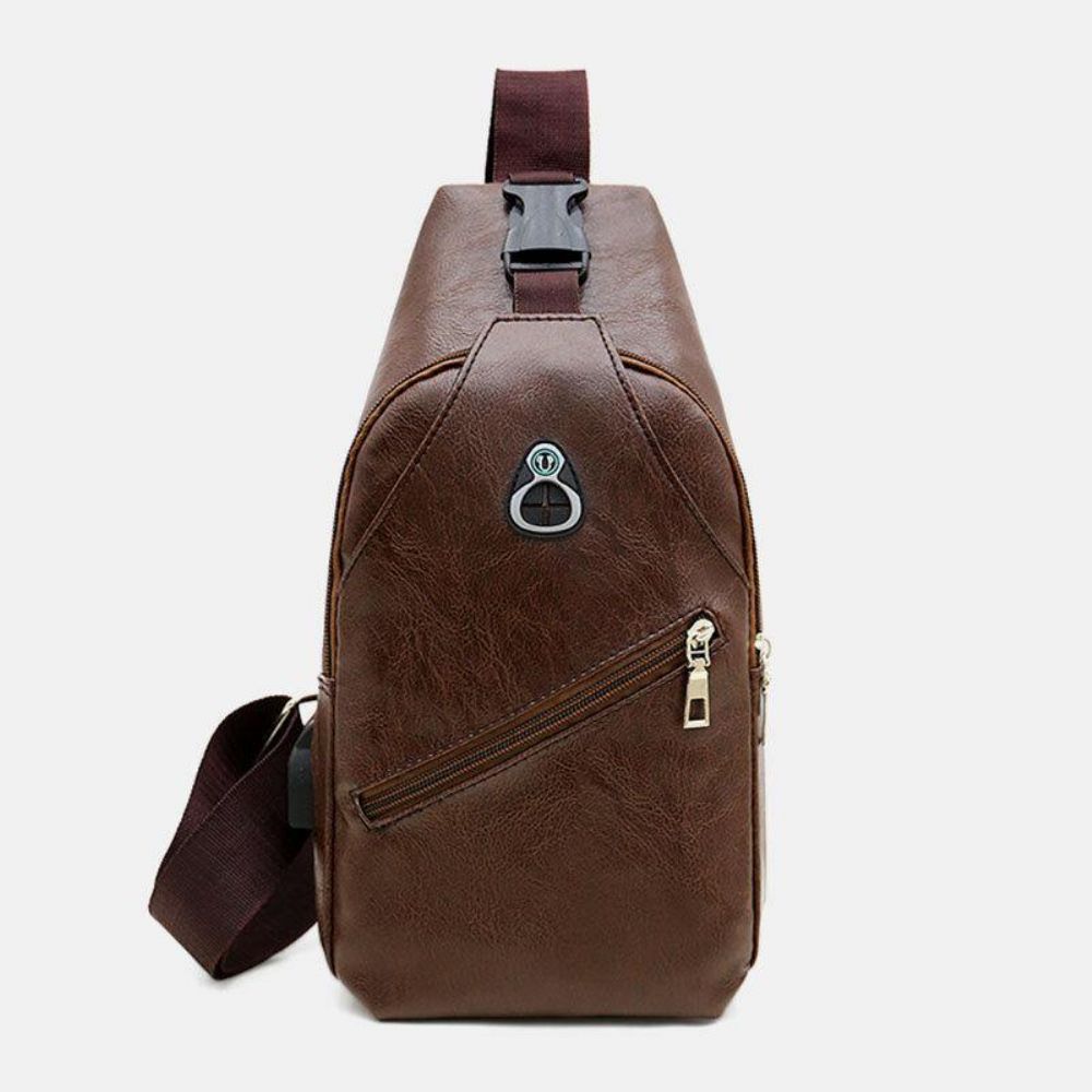 Herren Kunstleder Usb Ladekopfhörer Reise Retro Business Brusttasche Umhängetasche