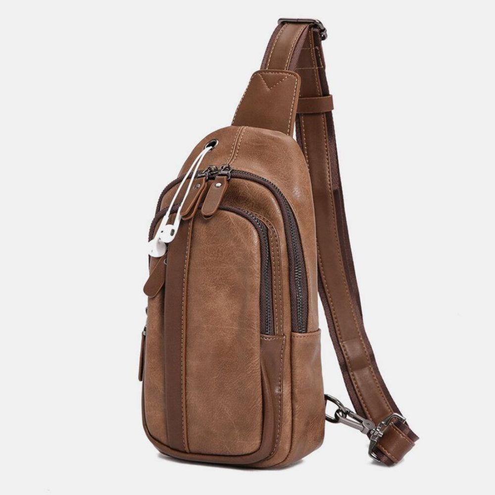 Herren Pu-Leder Multi-Pocket Kopfhörer Loch Umhängetasche Brusttasche Sling Bag