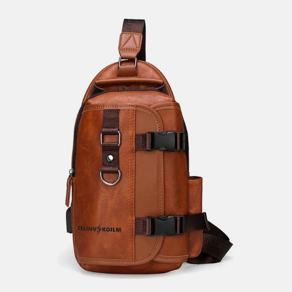 Männer Pu-Leder Große Kapazität Multifunktions-Headset-Loch Usb-Aufladung Short Trip Sling Bags Umhängetasche Brusttasche