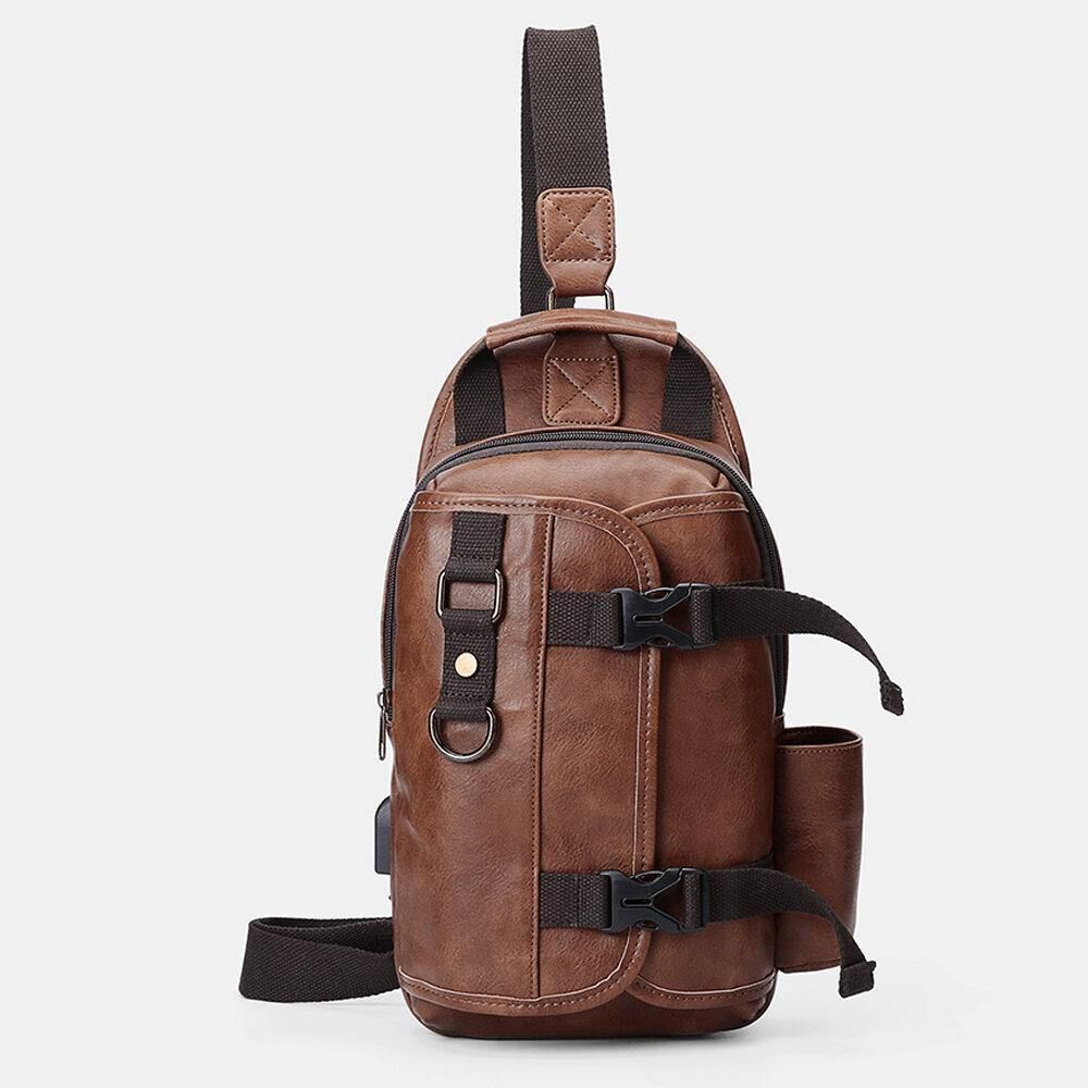 Männer Pu-Leder Große Kapazität Multifunktions-Headset-Loch Usb-Aufladung Short Trip Sling Bags Umhängetasche Brusttasche