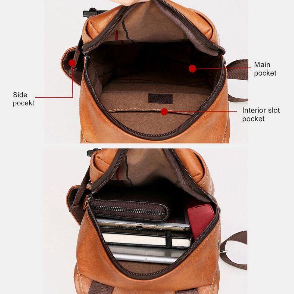 Männer Pu-Leder Große Kapazität Multifunktions-Headset-Loch Usb-Aufladung Short Trip Sling Bags Umhängetasche Brusttasche