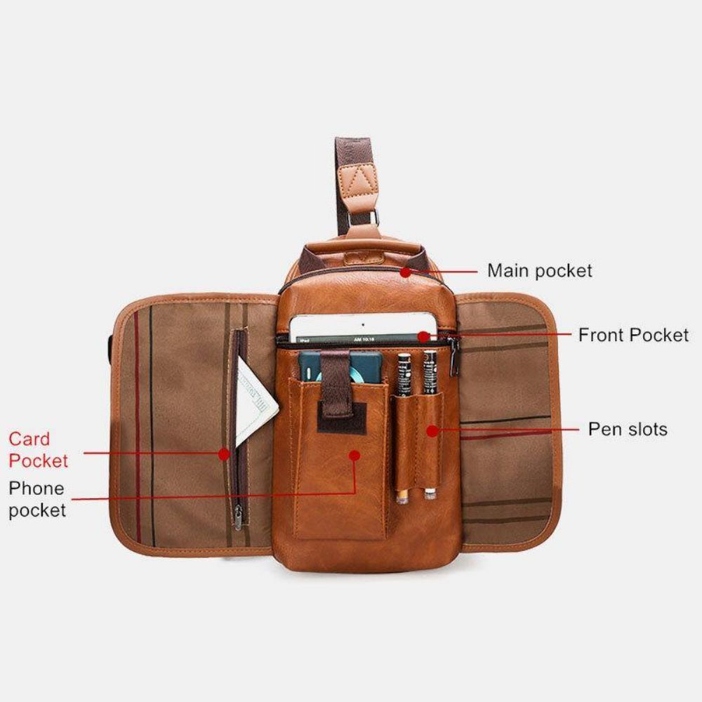 Männer Pu-Leder Große Kapazität Multifunktions-Headset-Loch Usb-Aufladung Short Trip Sling Bags Umhängetasche Brusttasche