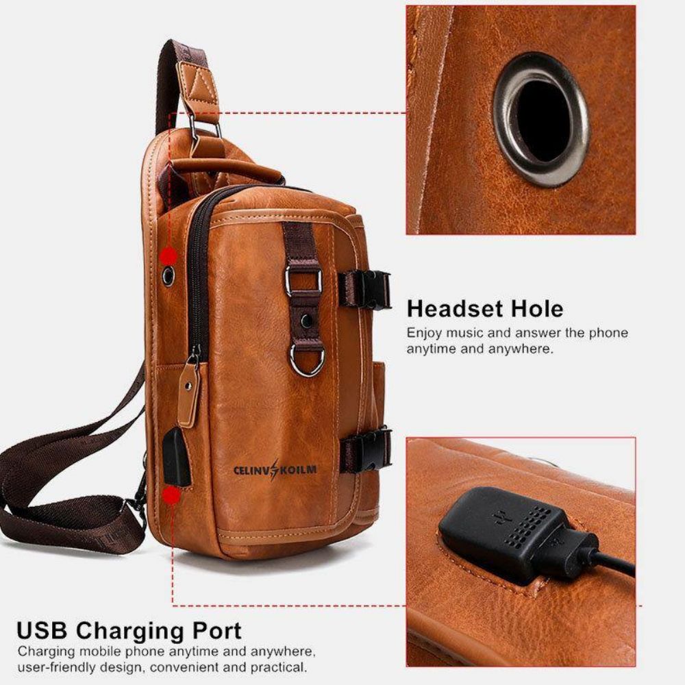 Männer Pu-Leder Große Kapazität Multifunktions-Headset-Loch Usb-Aufladung Short Trip Sling Bags Umhängetasche Brusttasche