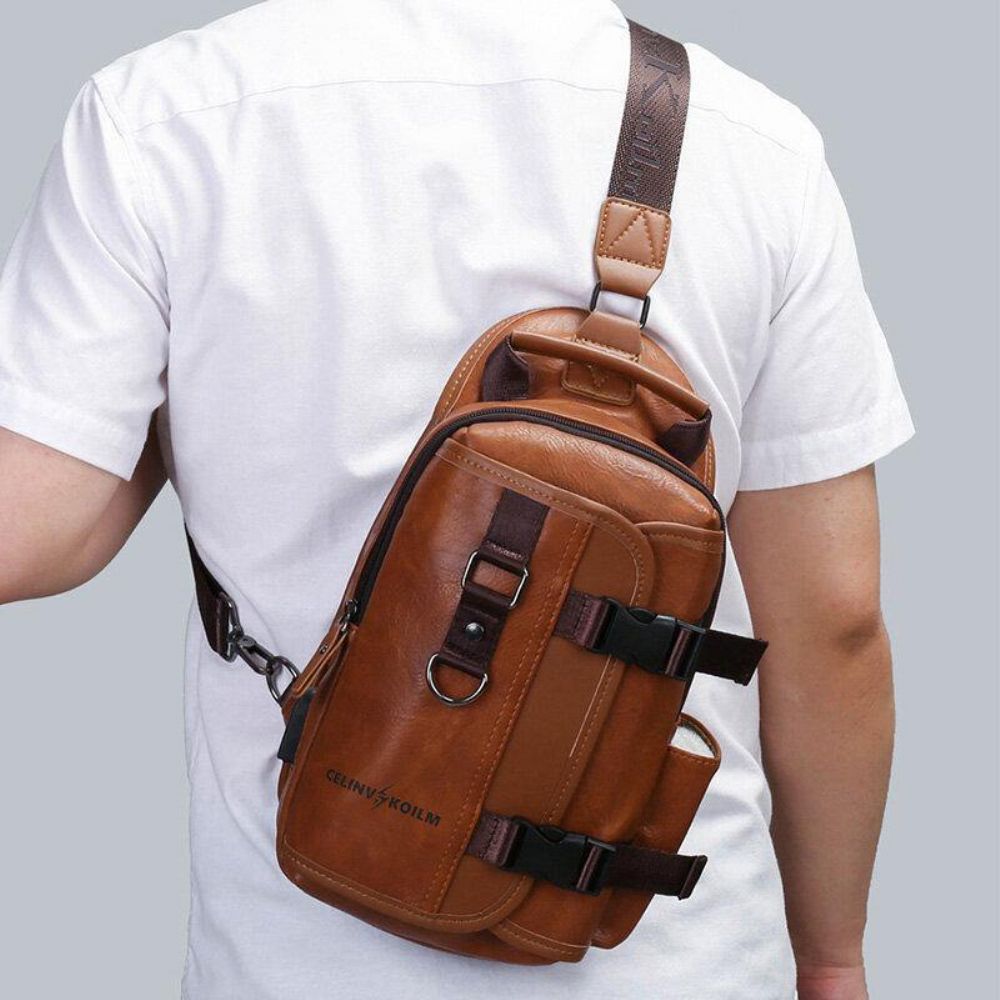 Männer Pu-Leder Große Kapazität Multifunktions-Headset-Loch Usb-Aufladung Short Trip Sling Bags Umhängetasche Brusttasche