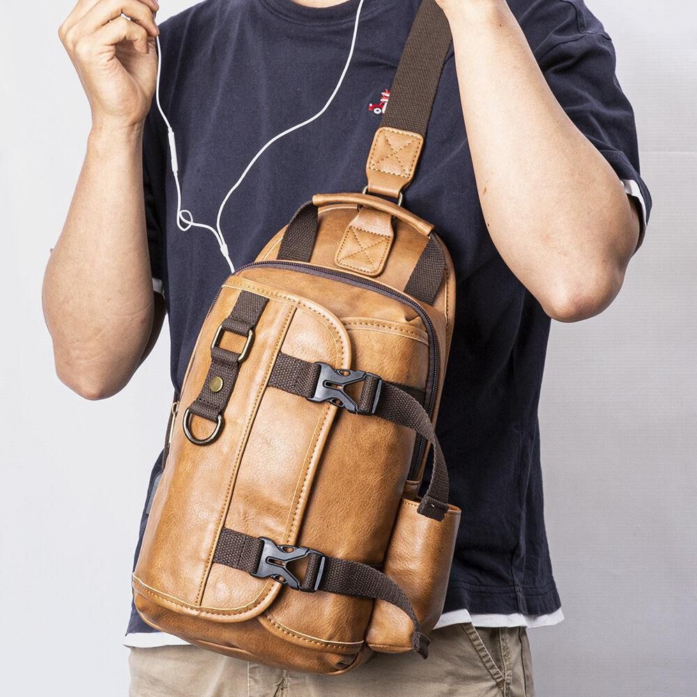 Männer Pu-Leder Große Kapazität Multifunktions-Headset-Loch Usb-Aufladung Short Trip Sling Bags Umhängetasche Brusttasche