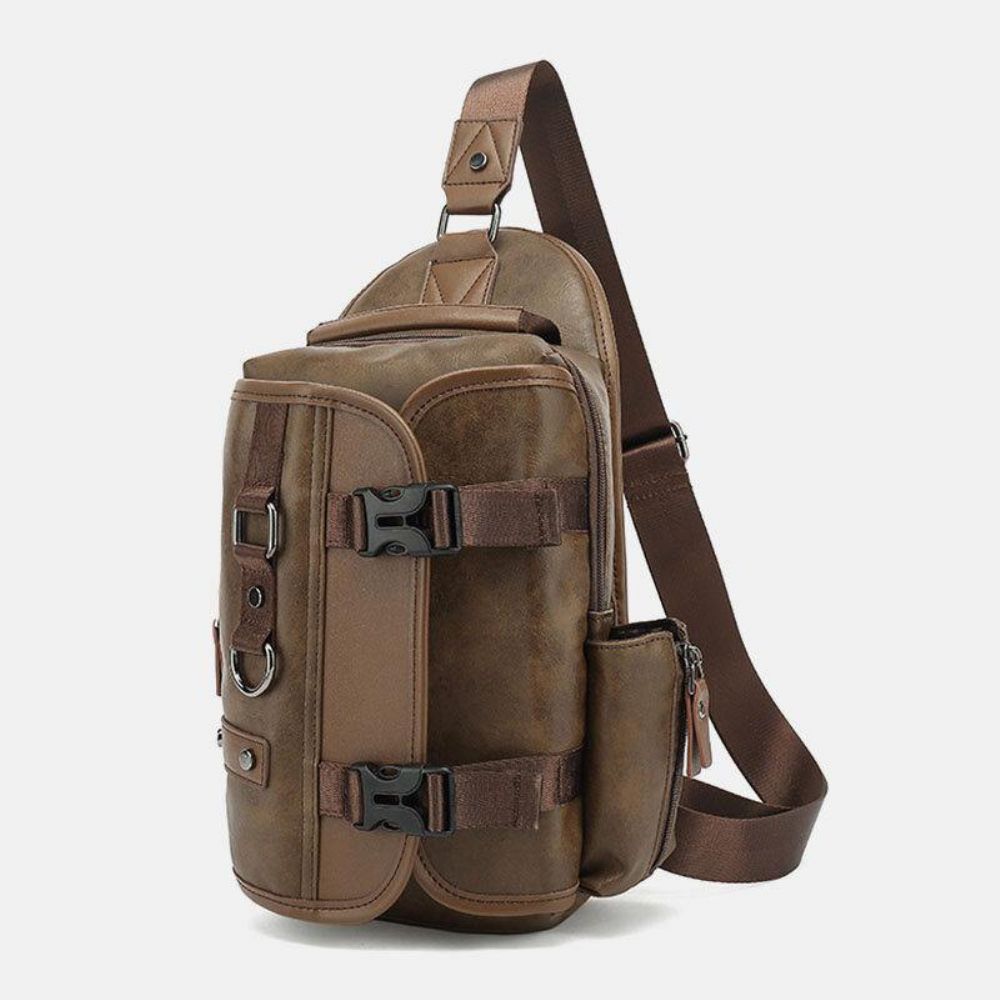 Männer Pu Leder Vintage Multifunktions Kopfhörer Loch Usb Lade Umhängetasche Brusttasche Sling Bag