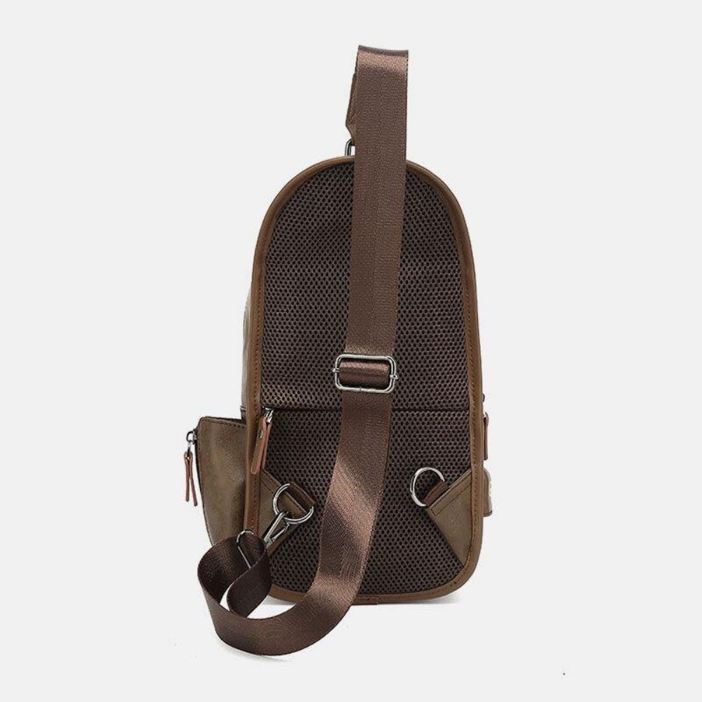 Männer Pu Leder Vintage Multifunktions Kopfhörer Loch Usb Lade Umhängetasche Brusttasche Sling Bag