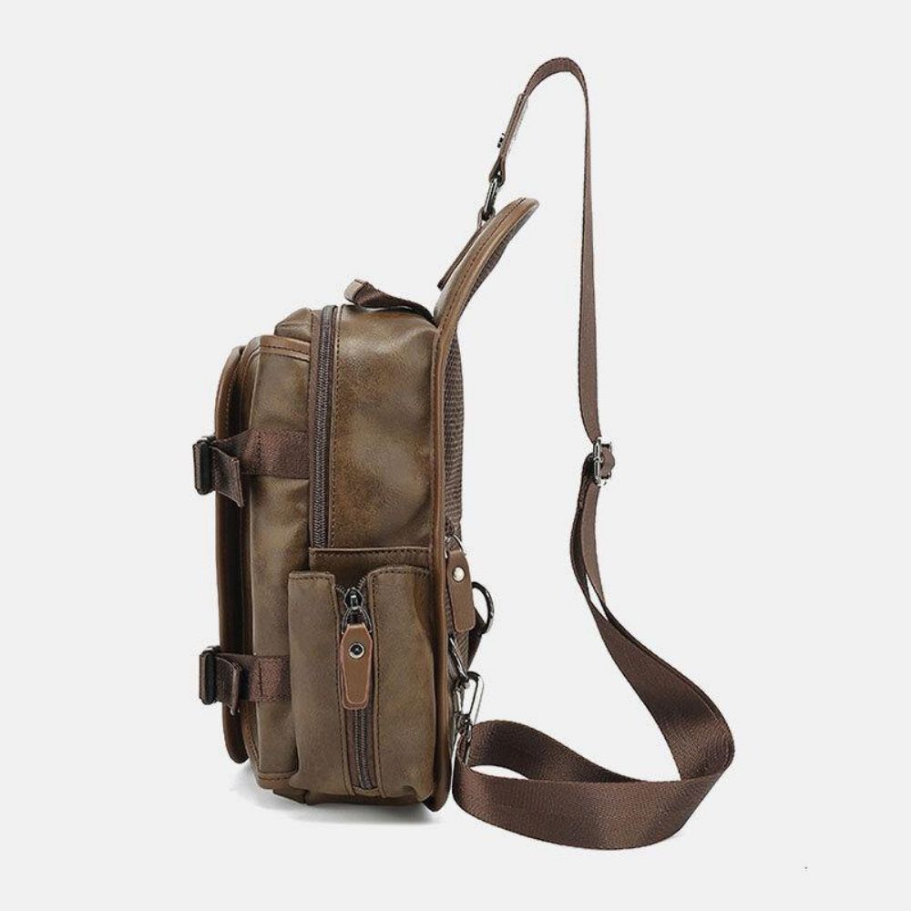 Männer Pu Leder Vintage Multifunktions Kopfhörer Loch Usb Lade Umhängetasche Brusttasche Sling Bag