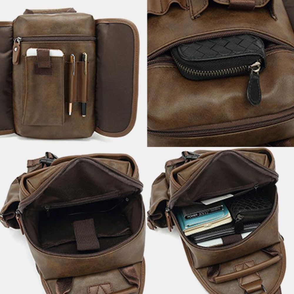 Männer Pu Leder Vintage Multifunktions Kopfhörer Loch Usb Lade Umhängetasche Brusttasche Sling Bag