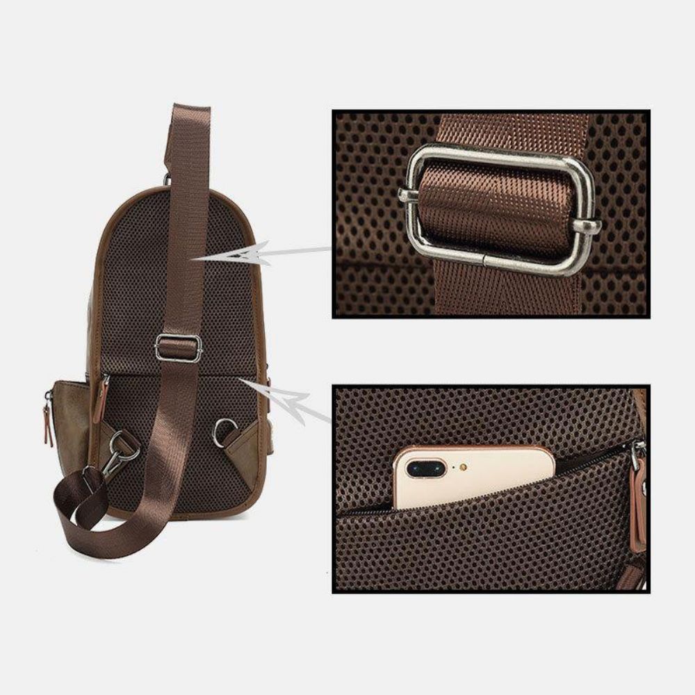 Männer Pu Leder Vintage Multifunktions Kopfhörer Loch Usb Lade Umhängetasche Brusttasche Sling Bag