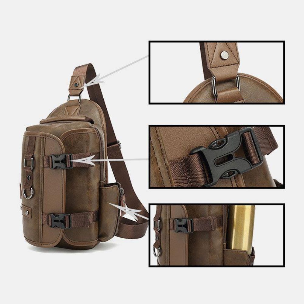 Männer Pu Leder Vintage Multifunktions Kopfhörer Loch Usb Lade Umhängetasche Brusttasche Sling Bag